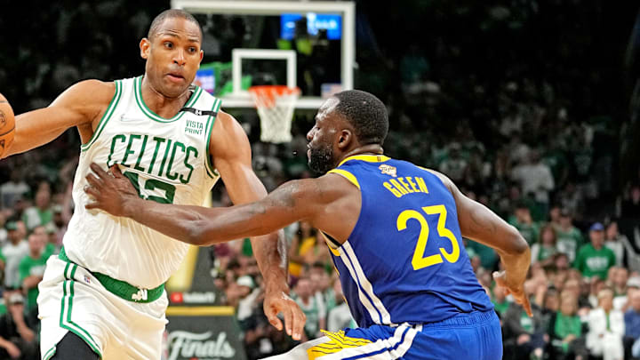 Jun 16, 2022; Boston, Massachusetts, USA; Boston Celtics center Al Horford (42) drives to the basket against Golden State Warriors forward Draymond Green (23) during the fourth quarter in game six of the 2022 NBA Finals at TD Garden. Mandatory Credit: Kyle Terada-Imagn Images