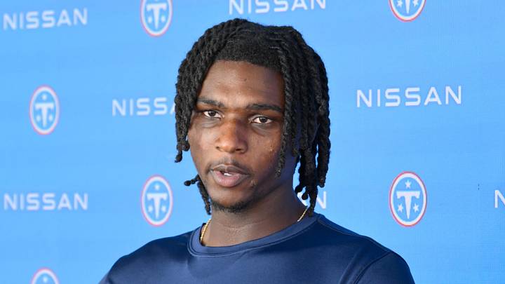 Jun 16, 2026; Nashville, TN, USA;  Tennessee Titans quarterback Cam Ward (1) talks with the media post practice during day 1 of mini-camp at Vanderbilt Health Football Center. Mandatory Credit: Steve Roberts-Imagn Images
