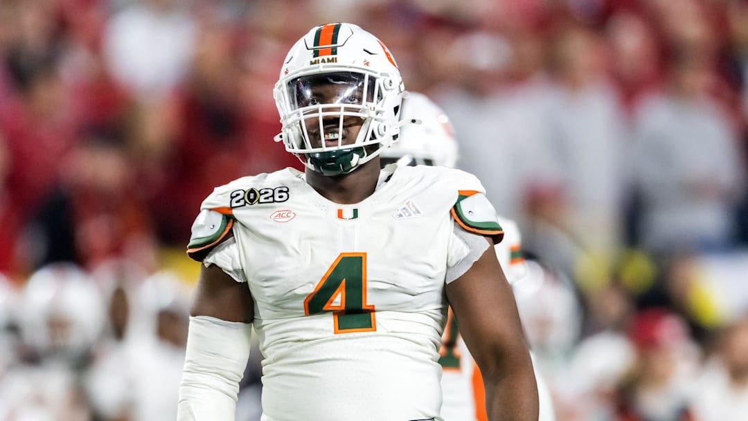 Jan 19, 2026; Miami Gardens, FL, USA; Miami Hurricanes defensive lineman Rueben Bain Jr. (4) against the Indiana Hoosiers during the College Football Playoff National Championship game at Hard Rock Stadium. Mandatory Credit: Mark J. Rebilas-Imagn Images