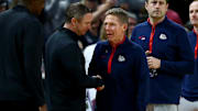 Mar 20, 2025; Wichita, KS, USA; Georgia Bulldogs head coach Mike White and Gonzaga Bulldogs head coach Mark Few shake hands after Gonzaga won a first round men’s NCAA Tournament game at Intrust Bank Arena. 