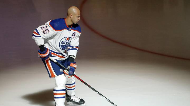 Feb 23, 2023; Pittsburgh, Pennsylvania, USA;  Edmonton Oilers defenseman Darnell Nurse (25) takes the ice to warm up before the game against the Pittsburgh Penguins at PPG Paints Arena. Mandatory Credit: Charles LeClaire-Imagn Images