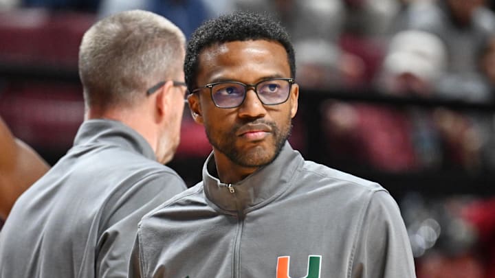 Feb 24, 2026; Tallahassee, Florida, USA; Miami Hurricanes head coach Jai Lucas during the first half against the Florida State Seminoles at Donald L. Tucker Center. Mandatory Credit: Melina Myers-Imagn Images