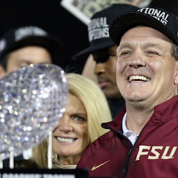 Jan 6, 2014; Pasadena, CA, USA;  Florida State Seminoles head coach Jimbo Fisher celebrates after defeating the Auburn Tigers 34-31 the 2014 BCS National Championship game at the Rose Bowl.  Mandatory Credit: Matthew Emmons-Imagn Images