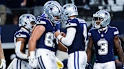 Oct 29, 2023; Arlington, Texas, USA;  Dallas Cowboys tight end Jake Ferguson (87) celebrates with Dallas Cowboys quarterback Dak Prescott (4) after catching a touchdown pass during the first quarter against the Los Angeles Rams at AT&T Stadium. Mandatory Credit: Kevin Jairaj-Imagn Images