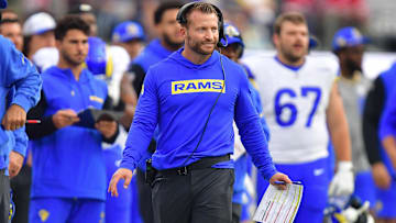 Sep 22, 2024; Inglewood, California, USA; Los Angeles Rams head coach Sean McVay watches game action against the San Francisco 49ers during the second half at SoFi Stadium. Mandatory Credit: Gary A. Vasquez-Imagn Images
