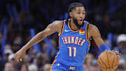 Oct 30, 2025; Oklahoma City, Oklahoma, USA; Oklahoma City Thunder guard Isaiah Joe (11) dribbles down the court against the Washington Wizards during the second half at Paycom Center. Mandatory Credit: Alonzo Adams-Imagn Images