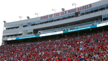 Sep 16, 2023; Oxford, Mississippi, USA; Mississippi Rebels fans cheer during the first half against the Georgia Tech Yellow Jackets at Vaught-Hemingway Stadium. Mandatory Credit: Petre Thomas-USA TODAY Sports