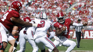 Jalen Milroe, Alabama Crimson Tide, South Carolina Gamecocks. (Mandatory Credit: Butch Dill-Imagn Images)