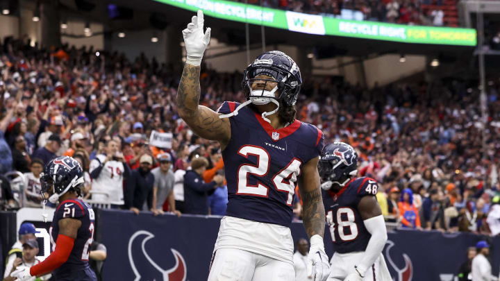 Dec 3, 2023; Houston, Texas, USA; Houston Texans cornerback Derek Stingley Jr. (24) reacts after a play during the fourth quarter against the Denver Broncos at NRG Stadium. Mandatory Credit: Troy Taormina-USA TODAY Sports