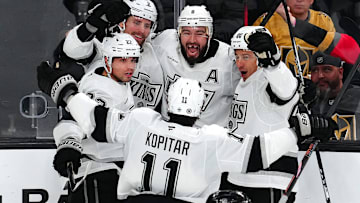 Mar 9, 2025; Las Vegas, Nevada, USA; Los Angeles Kings right wing Adrian Kempe (9) celebrates with team mates after scoring a power play goal against the Vegas Golden Knights during the third period at T-Mobile Arena. Mandatory Credit: Stephen R. Sylvanie-Imagn Images