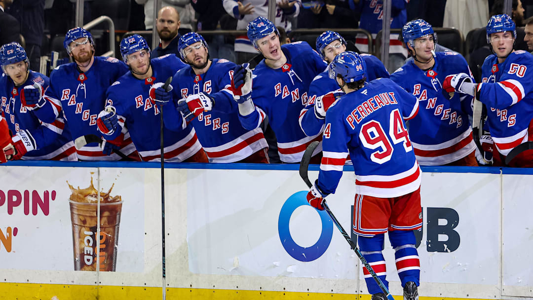 Apr 4, 2026; New York, New York, USA; New York Rangers right wing Gabe Perreault (94) celebrates his goal against the Detroit Red Wings during the second period at Madison Square Garden. Mandatory Credit: Danny Wild-Imagn Images