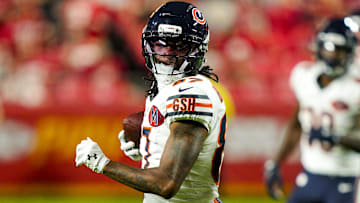 Chicago Bears wide receiver Luther Burden III (87) runs with the ball during the first half against the Kansas City Chiefs at GEHA Field at Arrowhead Stadium.