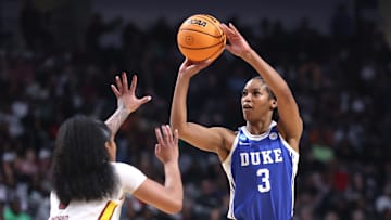 Duke v South Carolina; Duke basketball guard Ashlon Jackson attempts a 3-pointer against South Carolina in the Elite 8