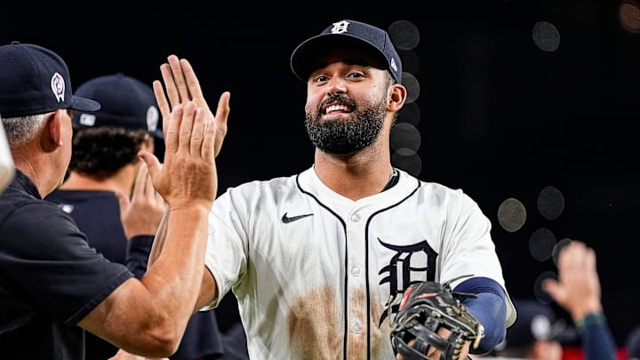 Detroit Tigers left fielder Riley Greene (31) high-fives teammates after beating the Colorado Rockies on Wednesday.