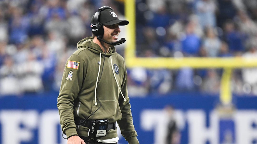 Oct 26, 2025; Indianapolis, Indiana, USA; Indianapolis Colts head coach Shane Steichen looks on during the second quarter against the Tennessee Titans at Lucas Oil Stadium. Mandatory Credit: Robert Goddin-Imagn Images