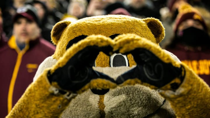 Goldie Gopher makes a heart with its hands during a NCAA Big Ten Conference football game against Iowa, Saturday, Nov. 13, 2021, at Kinnick Stadium in Iowa City, Iowa.

211113 Minn Iowa Fb 040 Jpg