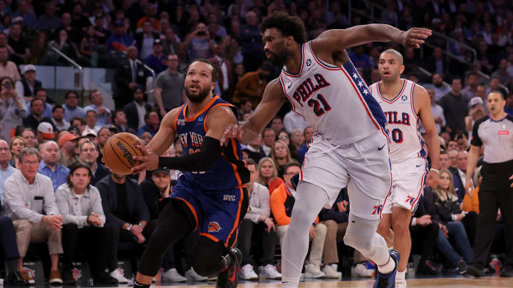 Apr 30, 2024; New York, New York, USA; New York Knicks guard Jalen Brunson (11) drives to the basket against Philadelphia 76ers center Joel Embiid (21) during the fourth quarter of game 5 of the first round of the 2024 NBA playoffs at Madison Square Garden. Mandatory Credit: Brad Penner-USA TODAY Sports