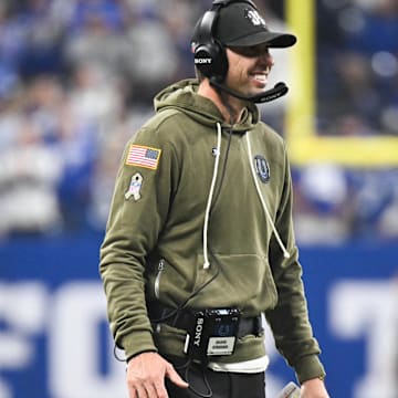 Oct 26, 2025; Indianapolis, Indiana, USA; Indianapolis Colts head coach Shane Steichen looks on during the second quarter against the Tennessee Titans at Lucas Oil Stadium. Mandatory Credit: Robert Goddin-Imagn Images
