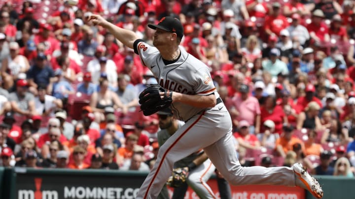 Jul 20, 2023; Cincinnati, Ohio, USA; San Francisco Giants starting pitcher Alex Cobb (38) throws against the Cincinnati Reds during the first inning at Great American Ball Park. Mandatory Credit: David Kohl-USA TODAY Sports