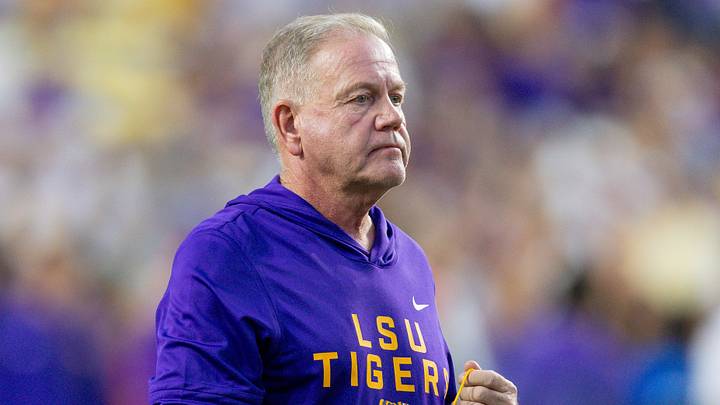 Oct 11, 2025; Baton Rouge, Louisiana, USA;  LSU Tigers head coach Brian Kelly looks on against the South Carolina Gamecocks during the first half at Tiger Stadium. Mandatory Credit: Stephen Lew-Imagn Images