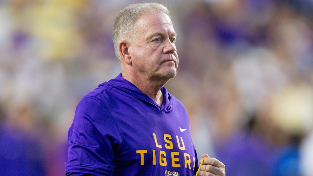 Oct 11, 2025; Baton Rouge, Louisiana, USA;  LSU Tigers head coach Brian Kelly looks on against the South Carolina Gamecocks during the first half at Tiger Stadium. 