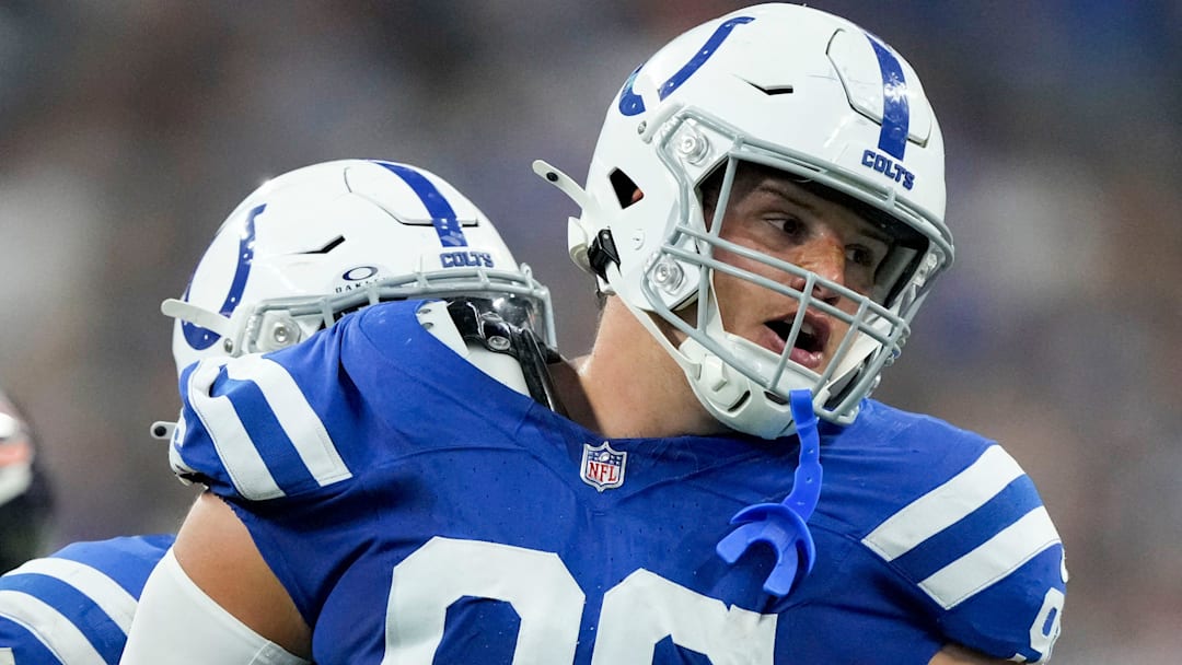 Indianapolis Colts defensive tackle Taven Bryan (96) reacts after sacking Chicago Bears quarterback Caleb Williams (18) on Sunday, Sept. 22, 2024, during a game against the Chicago Bears at Lucas Oil Stadium in Indianapolis.