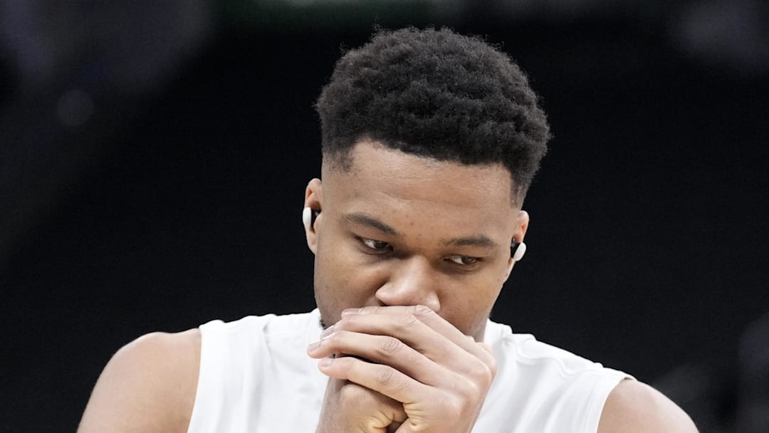 Milwaukee Bucks forward Giannis Antetokounmpo (34) getting ready to take a few shots during pregame warmups before a game against the Boston Celtics at Fiserv Forum on March 2, 2026.