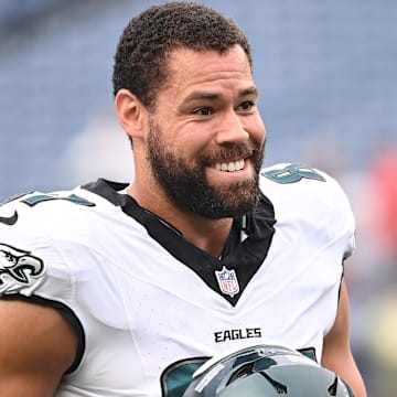 Aug 15, 2024; Foxborough, MA, USA; Philadelphia Eagles tight end C.J. Uzomah (87) warms up before a game against the New England Patriots at Gillette Stadium. Mandatory Credit: Eric Canha-Imagn Images