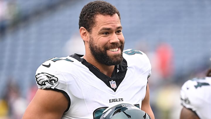 Aug 15, 2024; Foxborough, MA, USA; Philadelphia Eagles tight end C.J. Uzomah (87) warms up before a game against the New England Patriots at Gillette Stadium. Mandatory Credit: Eric Canha-Imagn Images