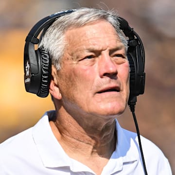 Oct 12, 2024; Iowa City, Iowa, USA; Iowa Hawkeyes head coach Kirk Ferentz looks on during the fourth quarter against the Washington Huskies at Kinnick Stadium. The victory would the 200th of Ferentz’s Big Ten career. Mandatory Credit: Jeffrey Becker-Imagn Images