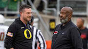 Oregon head coach Dan Lanning and Maryland head coach Mike Locksley before the game as the Oregon Ducks host the Maryland Terrapins at Autzen Stadium Saturday, Nov. 9, 2024 in Eugene, Ore.