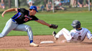 SOUTH YARMOUTH --  08/02/21 -- Zach Lew, of Yarmouth-Dennis Red Sox, arrives at second ahead of the tag by Danny Serretti, of Chatham Anglers.

Y D Chatham Cape League