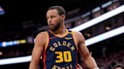Jan 31, 2025; San Francisco, California, USA; Golden State Warriors guard Stephen Curry (30) reacts after being fouled against the Phoenix Suns in the fourth quarter at the Chase Center. Mandatory Credit: Cary Edmondson-Imagn Images
