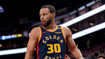 Jan 31, 2025; San Francisco, California, USA; Golden State Warriors guard Stephen Curry (30) reacts after being fouled against the Phoenix Suns in the fourth quarter at the Chase Center. Mandatory Credit: Cary Edmondson-Imagn Images