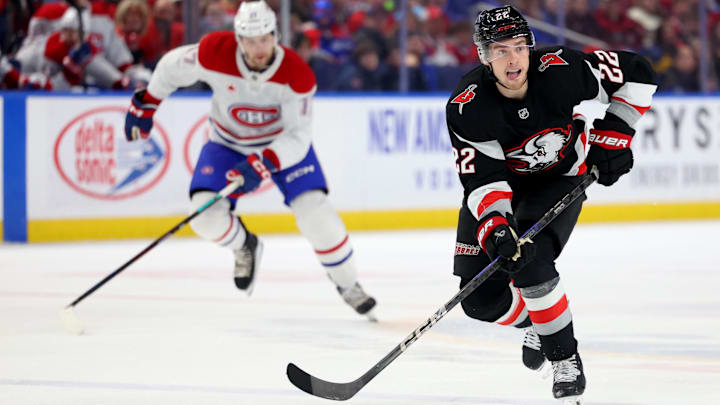 Mar 1, 2025; Buffalo, New York, USA; Buffalo Sabres right wing Jack Quinn (22) looks to make a pass during the second period against the Montreal Canadiens at KeyBank Center. Mandatory Credit: Timothy T. Ludwig-Imagn Images Mar 1, 2025; Buffalo, New York, USA; Buffalo Sabres right wing Jack Quinn (22) looks to make a pass during the second period against the Montreal Canadiens at KeyBank Center. Mandatory Credit: Timothy T. Ludwig-Imagn Images