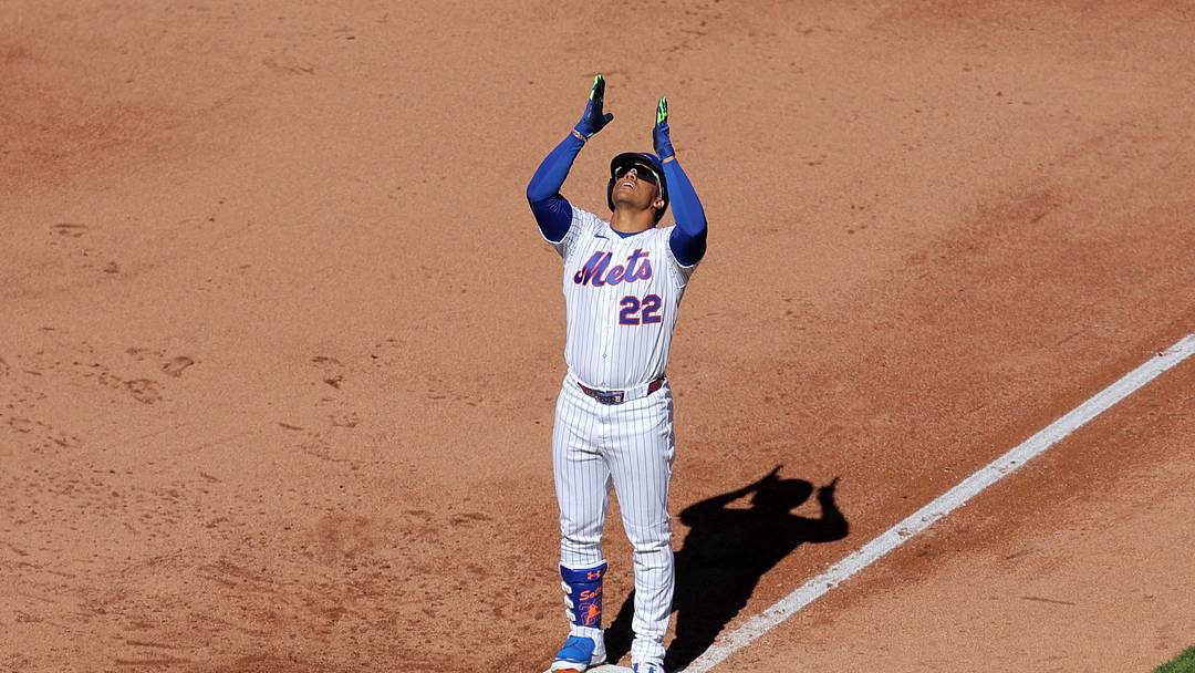 Mar 29, 2026; New York City, New York, USA; New York Mets left fielder Juan Soto (22) reacts after hitting an RBI single against the Pittsburgh Pirates during the fifth inning at Citi Field. Mandatory Credit: Brad Penner-Imagn Images