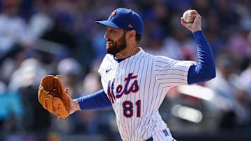 Apr 20, 2025; New York City, New York, USA; New York Mets relief pitcher Danny Young (81) delivers a pitch during the seventh inning against the St. Louis Cardinals at Citi Field. Mandatory Credit: Vincent Carchietta-Imagn Images