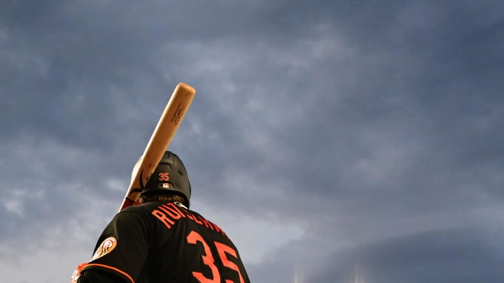 Aug 19, 2022; Baltimore, Maryland, USA;  Baltimore Orioles catcher Adley Rutschman (35) stands on