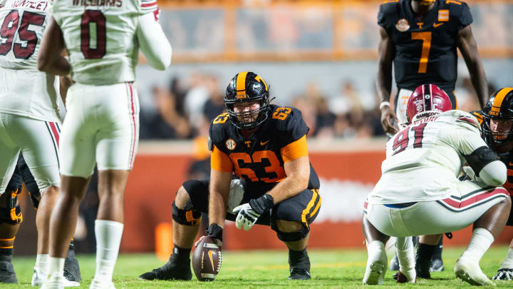 Tennessee offensive lineman Cooper Mays (63) plays at center during a football game between Tennessee and South Carolina at Neyland Stadium in Knoxville, Tenn., on Saturday, Sept. 30, 2023.