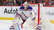 May 26, 2024; Sunrise, Florida, USA; New York Rangers goaltender Igor Shesterkin (31) tends the net against the Florida Panthers during the first period in game three of the Eastern Conference Final of the 2024 Stanley Cup Playoffs at Amerant Bank Arena. Mandatory Credit: Sam Navarro-Imagn Images