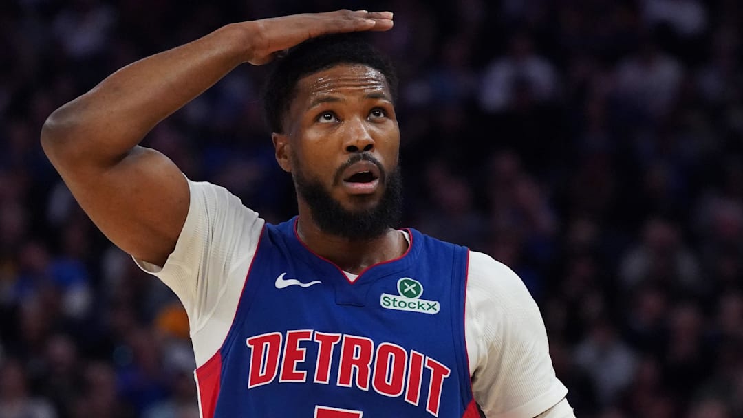 Detroit Pistons guard Malik Beasley (5) signals for a shot clock violation during a game against the Warriors in the fourth quarter at Chase Center.