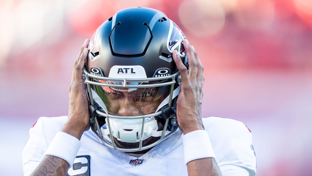 October 19, 2025; Santa Clara, California, USA; Atlanta Falcons quarterback Michael Penix Jr. (9) warms up before the game against the San Francisco 49ers at Levi's Stadium. Mandatory Credit: Kyle Terada-Imagn Images