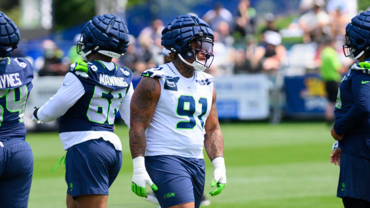 Jul 27, 2024; Renton, WA, USA; Seattle Seahawks defensive tackle Byron Murphy II (91) during training camp at Virginia Mason Athletic Center.