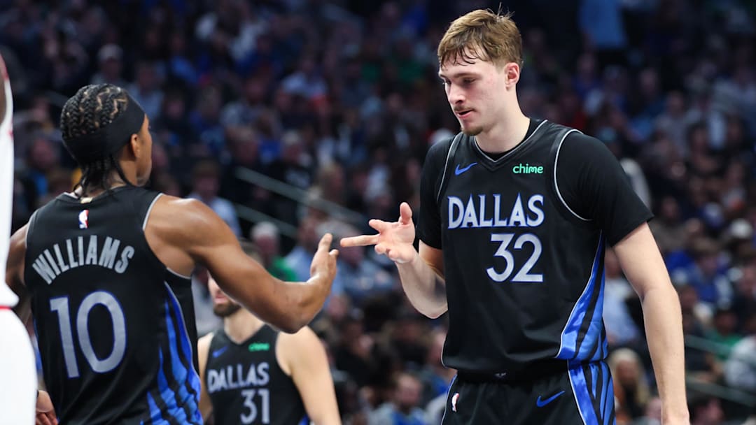 Jan 3, 2026; Dallas, Texas, USA; Dallas Mavericks guard Brandon Williams (10) celebrates with Dallas Mavericks forward Cooper Flagg