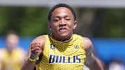 Apr 5, 2025; Gainesville, FL, USA; Quincy Wilson runs the anchor leg on the Bullis 4 x 100m relay during the Florida Relays at James G. Pressly Stadium. Mandatory Credit: Kirby Lee-Imagn Images