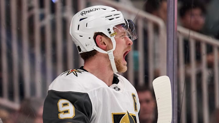 Jan 11, 2026; San Jose, California, USA; Vegas Golden Knights center Jack Eichel (9) reacts after scoring a goal against the San Jose Sharks during the first period at SAP Center at San Jose. Mandatory Credit: Robert Edwards-Imagn Images