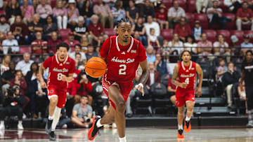 Nov 8, 2024; Tuscaloosa, Alabama, USA; Arkansas State Red Wolves forward Justin Johnson (2) drives against the Alabama Crimson Tide during the first half at Coleman Coliseum. Mandatory Credit: Will McLelland-Imagn Images