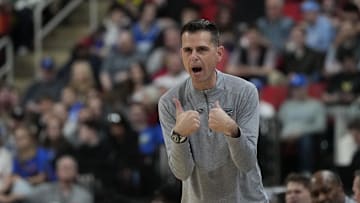 Mar 21, 2025; Raleigh, NC, USA;  Florida Gators head coach Todd Golden reacts during the first half against the Norfolk State Spartans at Lenovo Center. Mandatory Credit: Bob Donnan-Imagn Images