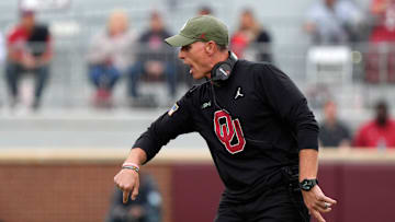 Oklahoma coach Brent Venables shouts during a college football game between the University of Oklahoma Sooners (OU) and the Maine Black Bears at Gaylord Family - Oklahoma Memorial Stadium in Norman, Okla., Saturday, Nov. 2, 2024.
