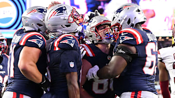 Aug 8, 2025; Foxborough, Massachusetts, USA; New England Patriots wide receiver Efton Chism III (86) reacts after scoring a touchdown against the Washington Commanders during the second half at Gillette Stadium. Mandatory Credit: Brian Fluharty-Imagn Images